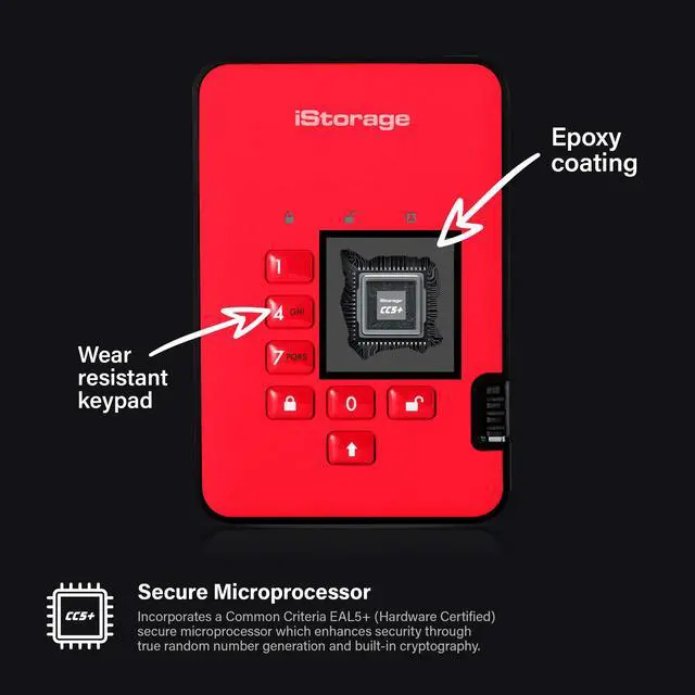 Alt view image 4 of 5 - iStorage diskAshur2 HDD 1TB Red | Secure portable hard drive | Password protected | Dust & water resistant | Hardware Encryption