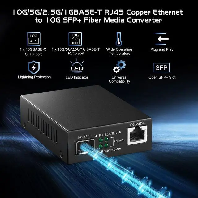 Alt view image 2 of 5 - 10G Fiber Media Coverter, 2 Port 10 Gigabit Binardat Ethernet Switch, 1 x 10G RJ45 Port, 1 x 10G SFP Port, Mini Metal Case Fanless, Unmanaged Plug and Play