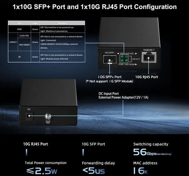 Alt view image 3 of 5 - 10G Fiber Media Coverter, 2 Port 10 Gigabit Binardat Ethernet Switch, 1 x 10G RJ45 Port, 1 x 10G SFP Port, Mini Metal Case Fanless, Unmanaged Plug and Play