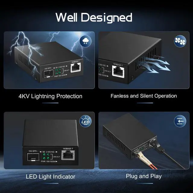 Alt view image 4 of 5 - 10G Fiber Media Coverter, 2 Port 10 Gigabit Binardat Ethernet Switch, 1 x 10G RJ45 Port, 1 x 10G SFP Port, Mini Metal Case Fanless, Unmanaged Plug and Play