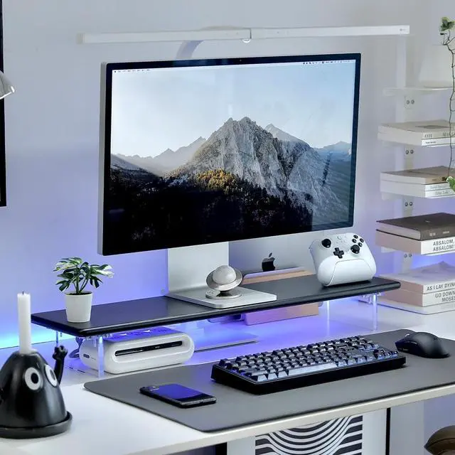 Main image of ROCDEER Bamboo Monitor Stand Riser with RGB Lights,31.5 Inches Desktop Shelf with Acrylic Legs Supports for Desk, PC Computer Monitor, Laptops, Printer, Speakers (Black)