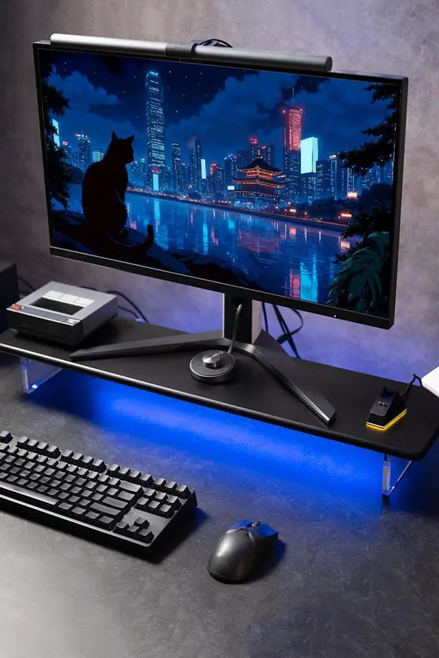 Alt view image 2 of 5 - ROCDEER Bamboo Monitor Stand Riser with RGB Lights,31.5 Inches Desktop Shelf with Acrylic Legs Supports for Desk, PC Computer Monitor, Laptops, Printer, Speakers (Black)