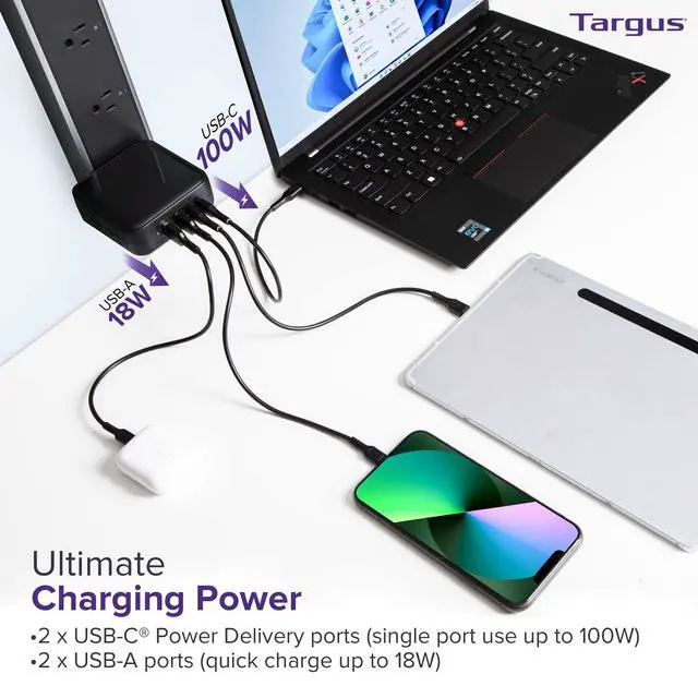 Alt view image 3 of 5 - Targus Power Elite 100W GaN Wall Charger, USB-A/USB C Charger Block with Foldable Prongs USB Wall Charger Fast Charger up to 100W Travel Charger for Multiple Devices w/Plug Adapters, Black(APA109GL)