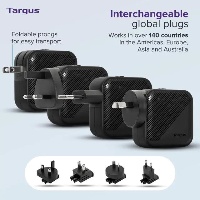 Alt view image 2 of 5 - Targus Power Elite 100W GaN Wall Charger, USB-A/USB C Charger Block with Foldable Prongs USB Wall Charger Fast Charger up to 100W Travel Charger for Multiple Devices w/Plug Adapters, Black(APA109GL)