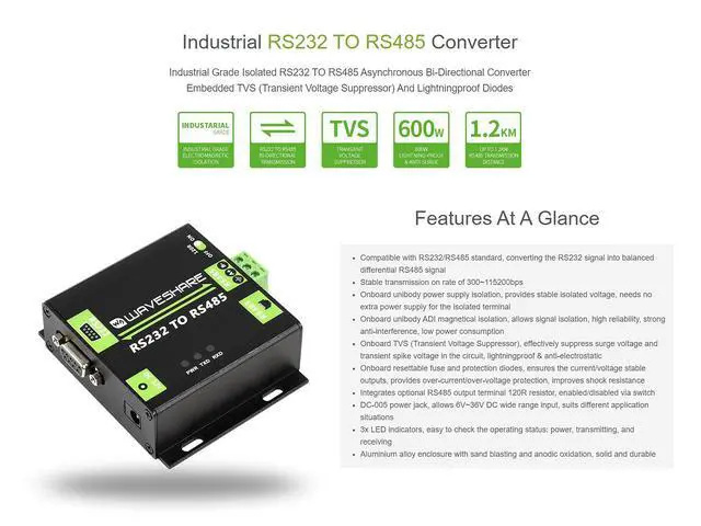 Alt view image 3 of 5 - waveshare Industrial Grade Isolated RS232 to RS485 Converter with ADI Magnetical Isolation