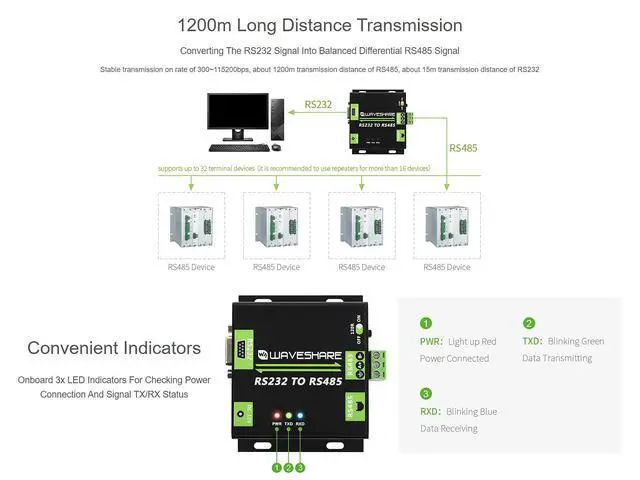 Alt view image 5 of 5 - waveshare Industrial Grade Isolated RS232 to RS485 Converter with ADI Magnetical Isolation