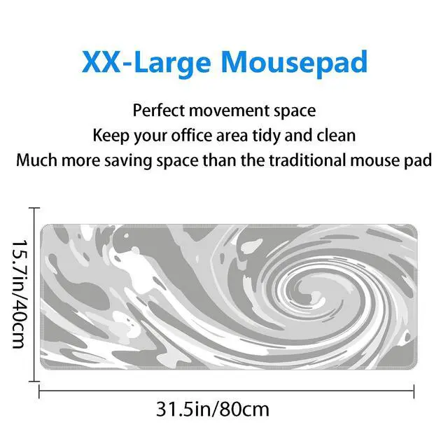 Alt view image 2 of 5 - Fluid Pattern XXL Mouse Pad,Thicken Waterproof Grey White Swirl Large Gaming Mousepad with Stitched Edge, Aqua Swirl Mousepad,Non-Slip Base Ink Liquid Mouse Keyboard Mat 31.5X15.7X0.16in