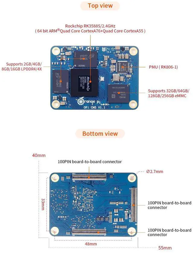 Alt view image 3 of 5 - Orange Pi CM5 16GB RAM with 32GB EMMC LPDDR4 Rockchip RK3588S AI Accelerator 6TOPS, Compute Module 5 WiFi Bluetooth BLE (CM5 Tablet Floor Support) Single Board Computer