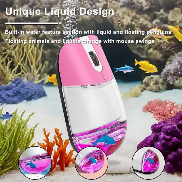 Alt view image 2 of 5 - Wireless Mouse with Liquid Water Section & Floater Animal Portable Retro Silent Cute Aqua Mouse with USB Receiver Lightweight 1000DPI Optical Clear Water Mice for Laptop PC Computer (Pink, Dolphin)