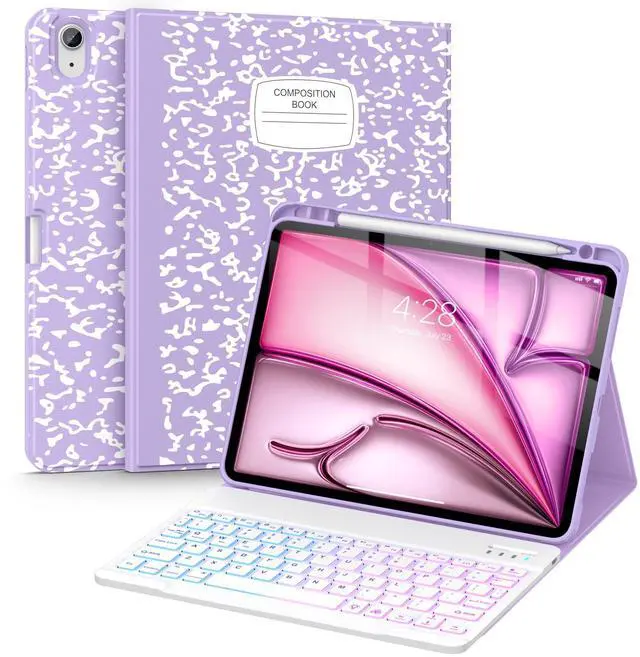 Main image of Supveco Keyboard Case for iPad Air 11 Inch (M3 2025,M2 2024),iPad Air 5th/4th Generation with Pencil Holder-7 Colors Backlit Wireless Detachable Folio Keyboard Cover with Soft TPU Back-Lilac