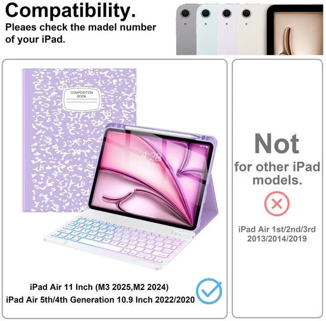 Alt view image 3 of 5 - Supveco Keyboard Case for iPad Air 11 Inch (M3 2025,M2 2024),iPad Air 5th/4th Generation with Pencil Holder-7 Colors Backlit Wireless Detachable Folio Keyboard Cover with Soft TPU Back-Lilac