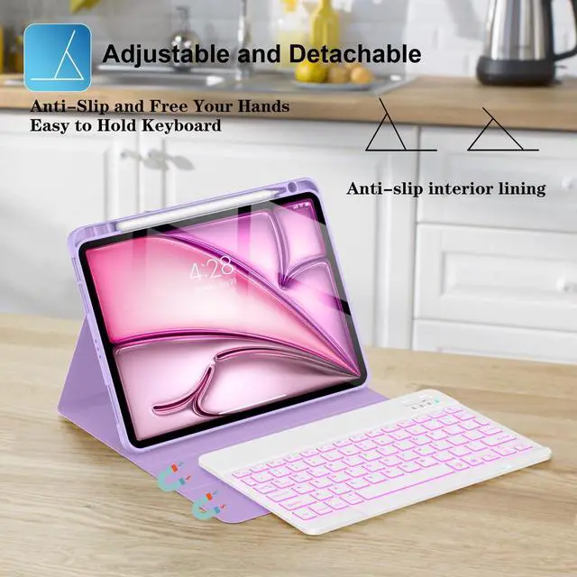 Alt view image 5 of 5 - Supveco Keyboard Case for iPad Air 11 Inch (M3 2025,M2 2024),iPad Air 5th/4th Generation with Pencil Holder-7 Colors Backlit Wireless Detachable Folio Keyboard Cover with Soft TPU Back-Lilac