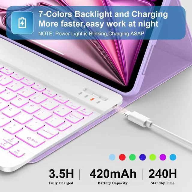 Alt view image 4 of 5 - Supveco Keyboard Case for iPad Air 11 Inch (M3 2025,M2 2024),iPad Air 5th/4th Generation with Pencil Holder-7 Colors Backlit Wireless Detachable Folio Keyboard Cover with Soft TPU Back-Lilac