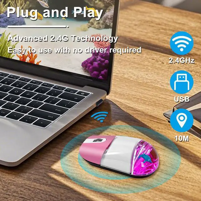 Alt view image 3 of 5 - Wireless Mouse with Liquid Water Section & Floater Animal Portable Retro Silent Cute Aqua Mouse with USB Receiver Lightweight 1000DPI Optical Clear Water Mice for Laptop PC Computer (Pink, Dolphin)