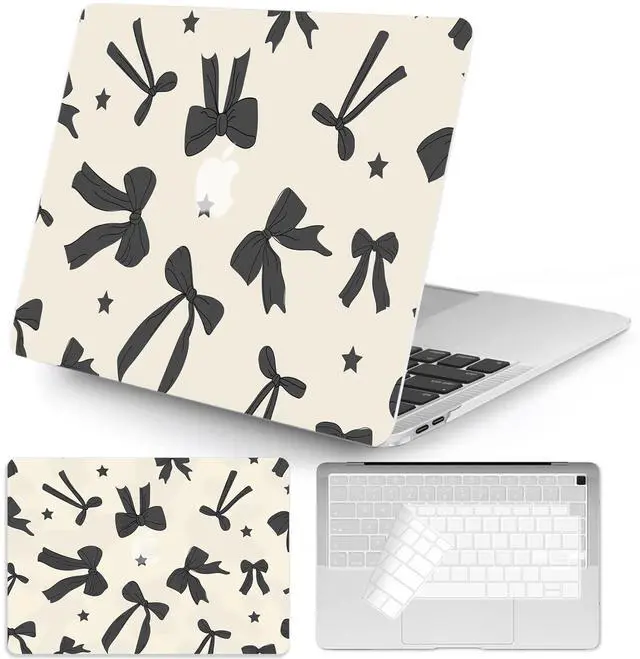Main image of Seorsok Compatible with MacBook Air 13 Inch Case 2022 2021 2020-2018 Release A1932 A2179 M1 A2337 Touch ID,Cute Black Ribbon Bow and Little Star Plastic Hard Case&Transparent Keyboard Cover,Khaki