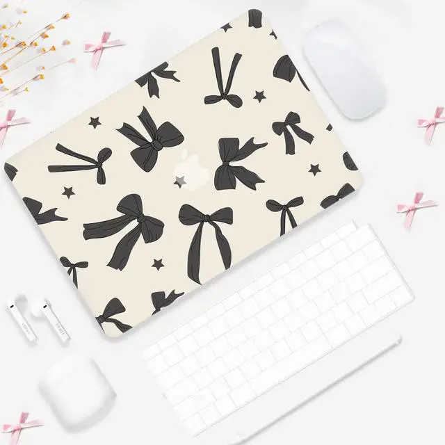 Alt view image 2 of 5 - Seorsok Compatible with MacBook Air 13 Inch Case 2022 2021 2020-2018 Release A1932 A2179 M1 A2337 Touch ID,Cute Black Ribbon Bow and Little Star Plastic Hard Case&Transparent Keyboard Cover,Khaki