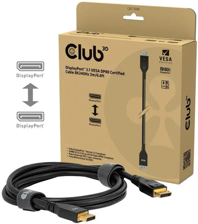 Alt view image 4 of 5 - Club 3D CAC-1094 2 Meter/ 6.56 Feet DisplayPort 2.1 Bi-Directional VESA DP80 Certified Cable with G-SYNC, & HDR 8K 240Hz M/M 5090 5080 7900XTX 9070XT