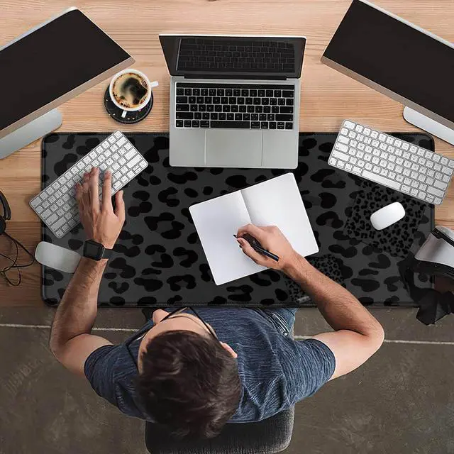 Alt view image 3 of 5 - Mouse Pad Desk Mat Ergonomic Wrist Support Pad Set,Mouse Wrist Rest Keyboard Pad with Stitched Edges and Non Slip Base-Black Leopard Panther Cheetah Print