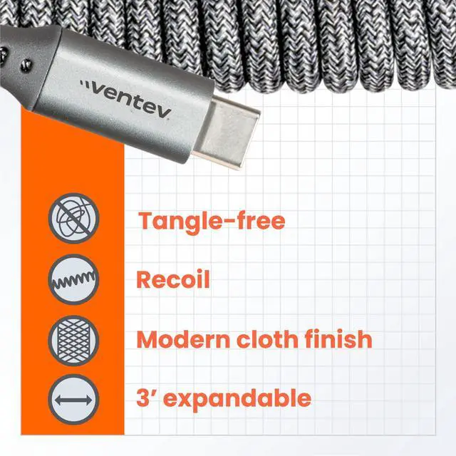 Alt view image 5 of 5 - Ventev Helix 3ft Expandable USB C to USB C Cable | Fast Charging Cable for iPhone 17, Pro, Pro Max, Air, iPhones 16-12 MacBook, iPad Pro, Pixel 9, Samsung S25 | No Tangle Cord for Fast Charger