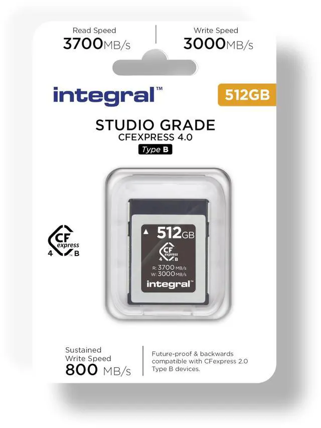 Alt view image 2 of 5 - Integral Studio Grade CFexpress 4.0 Type B 512GB Memory Card - 3700MB/s Read, 3000MB/s Write, 800MB/s Continuous Write - for Advanced Film Cameras and DSLR Cameras