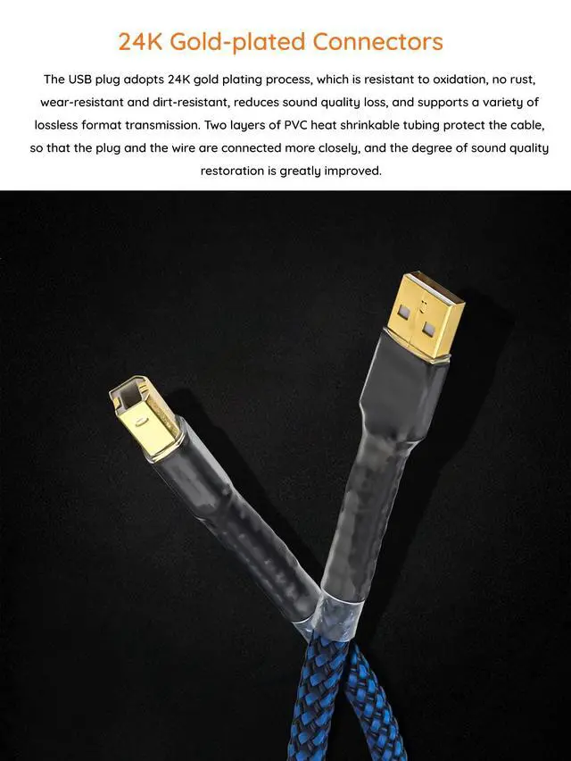 Alt view image 4 of 5 - Viborg HiFi USB Cable 4.9FT/1.5M DAC A-B OCC Digital AB Audio A to B Hi-End USB Cord for Digital-to-Analog Converter (DAC)