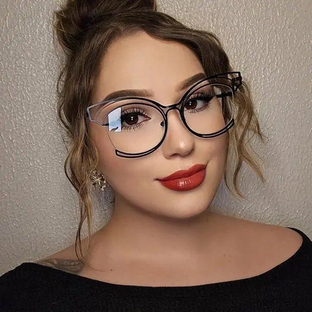 Alt view image 3 of 5 - VOOGLAM Oversize Cat Eye Non Prescription Glasses with HD Clear Lens for Women in Black Metal Frame Maggie GM0340