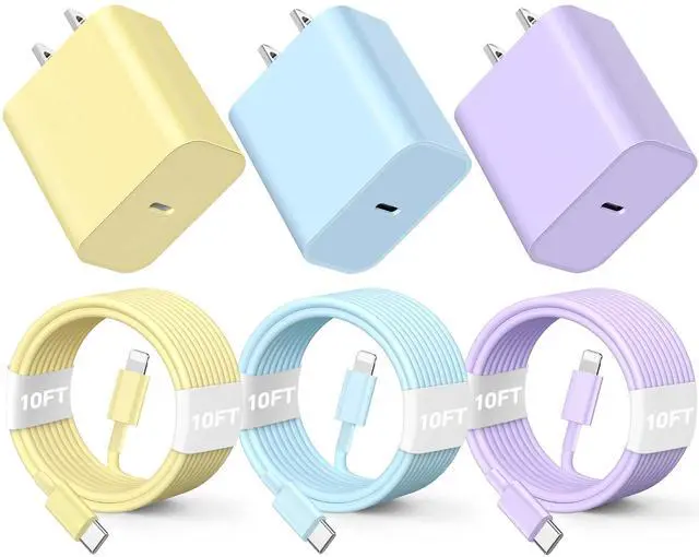 Main image of 3Pack 10FT Long ightning Cable,20W Fast Charging Phone ightning Cable Phone Charger Cord for Phone 14/13/12/12 Pro Max/11/Xs Max/XR/X,AirPods Pro,Yellow,Blue,Purple
