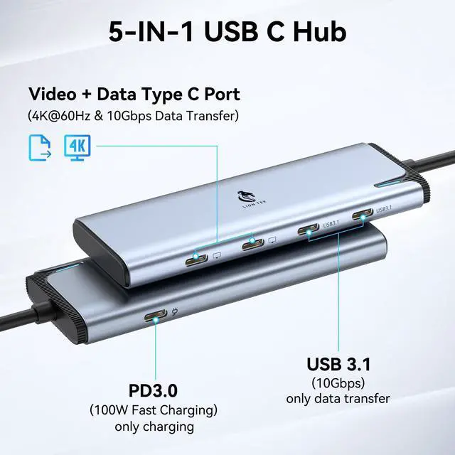 Alt view image 2 of 5 - LION TEK USB C Splitter Dual Monitor with 4K@60Hz DP Alt Mode, 4-Port USB-C 3.2 Gen2 Ports Hub, USBC Hub with 10Gbps, 100W PD, Multiport Adapter Dongle for Laptop and More Type C Devices