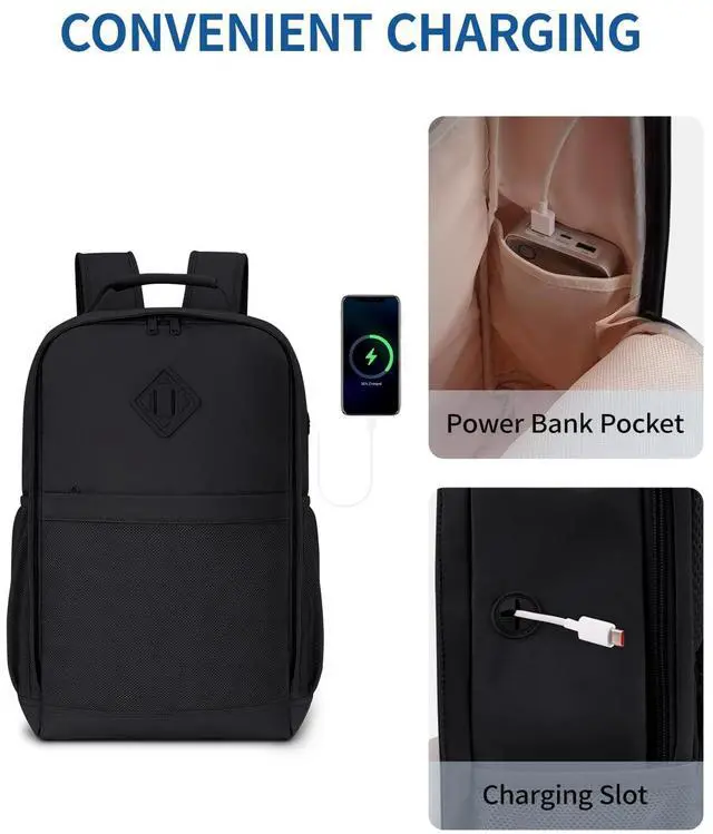 Alt view image 5 of 5 - ECOHUB Travel Backpack for Women Men, 17.3" Laptop Backpack with Hat Clip Water-Resistant Carry On Casual Daypack Lightweight Personal Item Bag with USB Charging Port for Business Travel School, Black