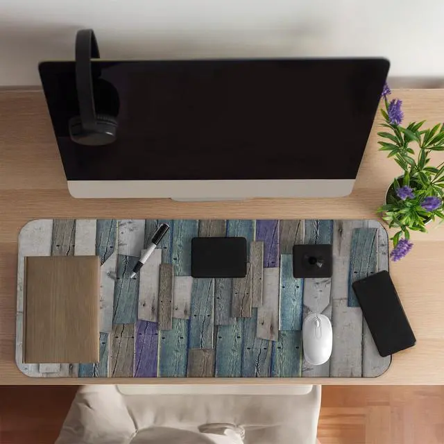 Alt view image 2 of 5 - Ambesonne Rustic Computer Mouse Pad, Blue Grey Grunge Wood Planks Barn House Door Nails Country Life Theme Art, Rectangle Non-Slip Rubber Mousepad Large, 31" x 12" Gaming Size, Umber Pale Teal Plum