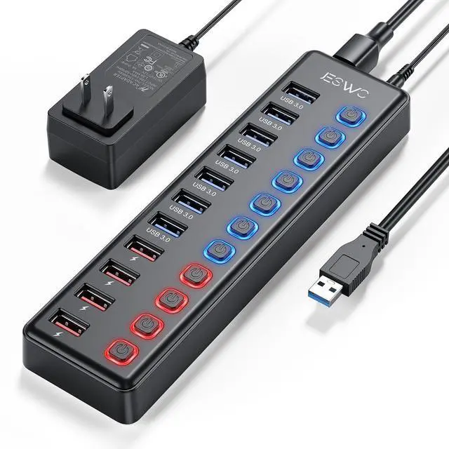 Main image of Powered USB Hub, JESWO 11-Port USB 3.0 Hub (7 Data Transfer Ports + 4 Smart Charging Ports) with Individual LED On/Off Switches, USB Hub Powered with 12V/3A Power Adapter for Mac, PC