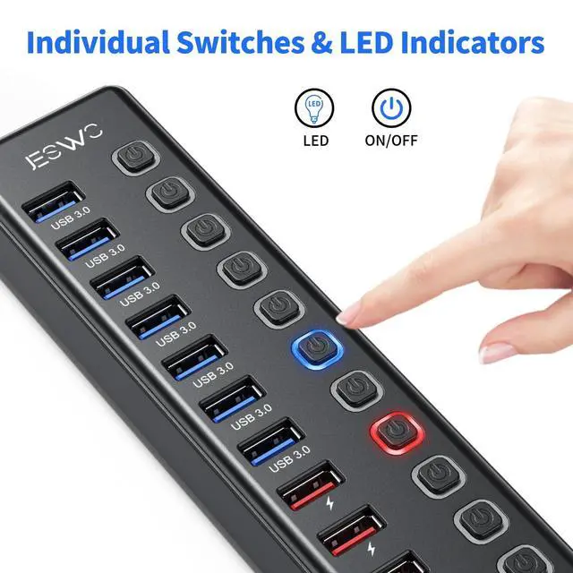 Alt view image 3 of 5 - Powered USB Hub, JESWO 11-Port USB 3.0 Hub (7 Data Transfer Ports + 4 Smart Charging Ports) with Individual LED On/Off Switches, USB Hub Powered with 12V/3A Power Adapter for Mac, PC
