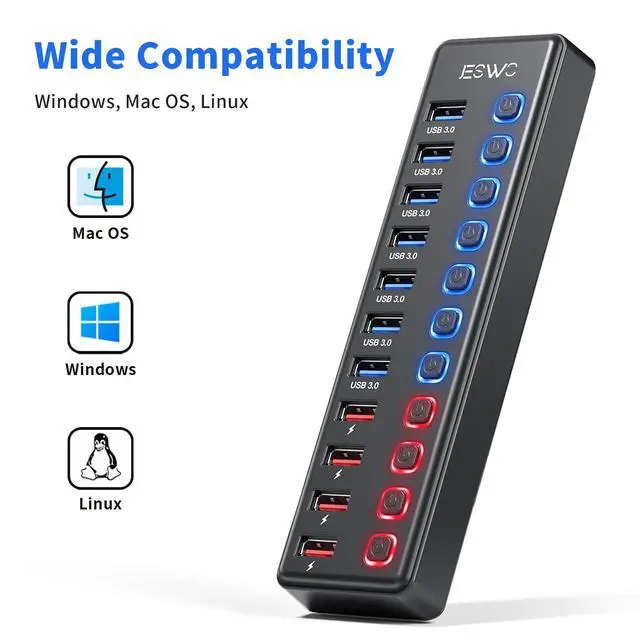 Alt view image 4 of 5 - Powered USB Hub, JESWO 11-Port USB 3.0 Hub (7 Data Transfer Ports + 4 Smart Charging Ports) with Individual LED On/Off Switches, USB Hub Powered with 12V/3A Power Adapter for Mac, PC