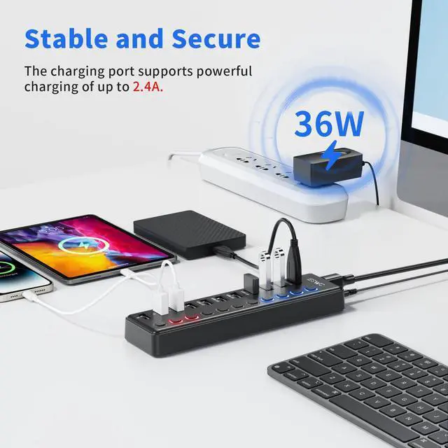 Alt view image 5 of 5 - Powered USB Hub, JESWO 11-Port USB 3.0 Hub (7 Data Transfer Ports + 4 Smart Charging Ports) with Individual LED On/Off Switches, USB Hub Powered with 12V/3A Power Adapter for Mac, PC