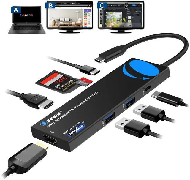 Main image of OREI SplitExtend Laptop Docking Station 4K Dual Monitor - 2X USB 3.0, 1x Type-C, SD Card Reader - USB-C Adapter to HDMI 2.0 Extended Screen, 4K@30Hz Outputs - 100W PD