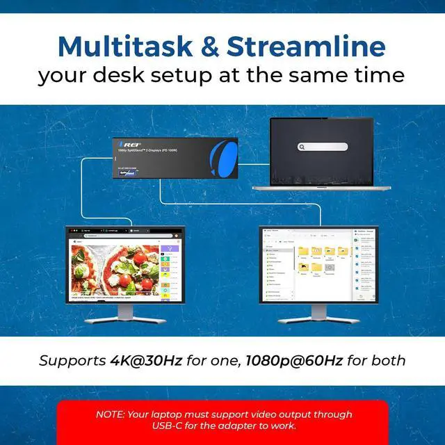 Alt view image 4 of 5 - OREI SplitExtend Laptop Docking Station 4K Dual Monitor - 2X USB 3.0, 1x Type-C, SD Card Reader - USB-C Adapter to HDMI 2.0 Extended Screen, 4K@30Hz Outputs - 100W PD