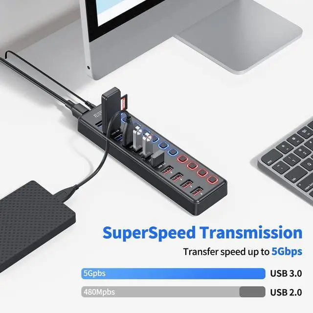 Alt view image 2 of 5 - Powered USB Hub, JESWO 11-Port USB 3.0 Hub (7 Data Transfer Ports + 4 Smart Charging Ports) with Individual LED On/Off Switches, USB Hub Powered with 12V/3A Power Adapter for Mac, PC