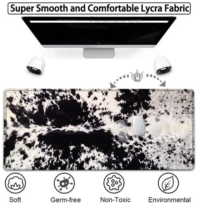 Alt view image 2 of 5 - Large Gaming Mouse Pad, 31.5x11.8 in Extended Computer Mouse Mat with Non-Slip PU Base, Ergonomic Memory Foam Keyboard Wrist Rest, for Work & Gaming, Office Desk Pad Black White Cowhide Fur