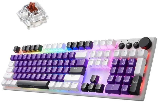 Main image of iRocks K74R Wireless RGB Illuminated Mechanical Gaming Keyboard, Hot-Swappable Switches, Floating Design, PBT 107 Keys NKRO, Detachable USB-C Cable - White Amethyst (Brown Switches)