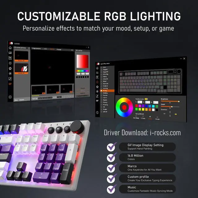 Alt view image 3 of 5 - iRocks K74R Wireless RGB Illuminated Mechanical Gaming Keyboard, Hot-Swappable Switches, Floating Design, PBT 107 Keys NKRO, Detachable USB-C Cable - White Amethyst (Brown Switches)