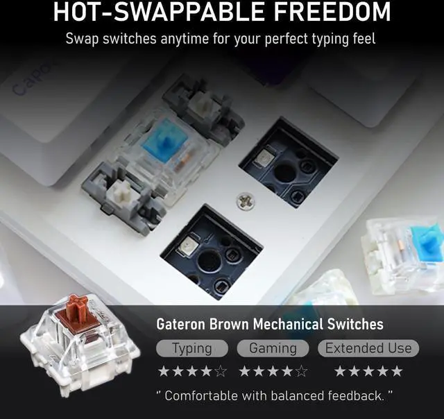 Alt view image 4 of 5 - iRocks K74R Wireless RGB Illuminated Mechanical Gaming Keyboard, Hot-Swappable Switches, Floating Design, PBT 107 Keys NKRO, Detachable USB-C Cable - White Amethyst (Brown Switches)