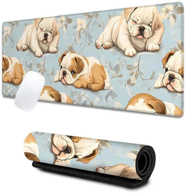 Main image of VODRM English Bulldog Large Gaming Desk Mat,Rubber Non-Slip Cute Dog Floral Mouse Pad,31.5x11.8x0.12in Extended Pet Mousepad,Puppy Lover Mice Pads Gifts,Office Home Deskmat Decor