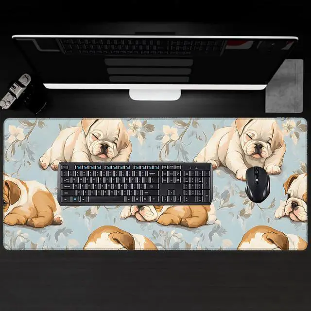 Alt view image 2 of 5 - VODRM English Bulldog Large Gaming Desk Mat,Rubber Non-Slip Cute Dog Floral Mouse Pad,31.5x11.8x0.12in Extended Pet Mousepad,Puppy Lover Mice Pads Gifts,Office Home Deskmat Decor