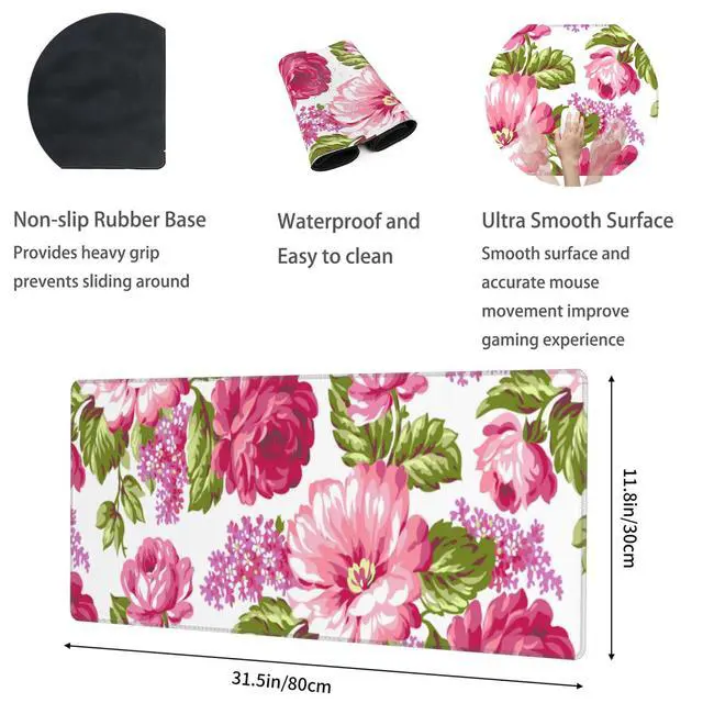 Alt view image 4 of 5 - VODRM English Bulldog Large Gaming Desk Mat,Rubber Non-Slip Cute Dog Floral Mouse Pad,31.5x11.8x0.12in Extended Pet Mousepad,Puppy Lover Mice Pads Gifts,Office Home Deskmat Decor