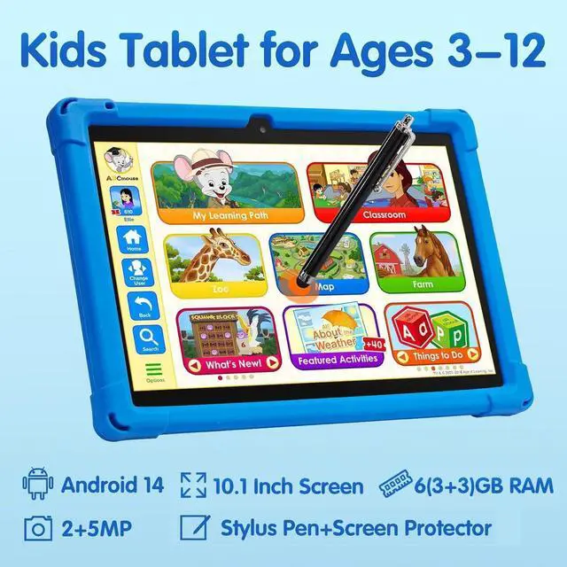 Alt view image 2 of 4 - YYSWIE 10.1 Inch Android 14 Kids Tablet with Case & Stylus - 6GB RAM 32GB Storage | KIDOZ Preloaded Learning Apps for Ages 3-12 | 5000mAh Battery GMS Certified WiFi Tablet for Toddlers