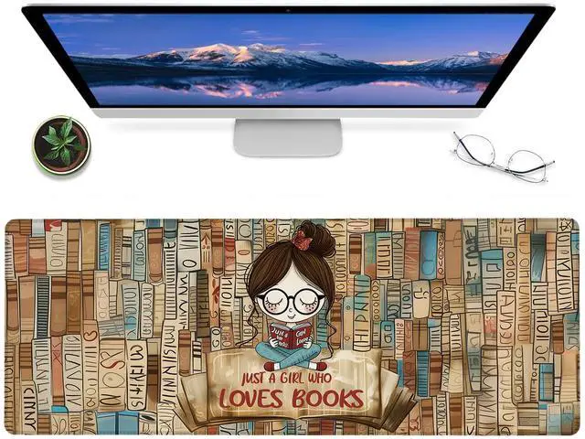 Main image of ainori Just a Girl Who Loves Books Gaming Mouse Pad  12x31.5in Non-Slip Rubber Retro Desk Mat with Book Lovers Design  Large Extended Mousepad for Office Home Laptop  Game Deskmat Gifts Decor