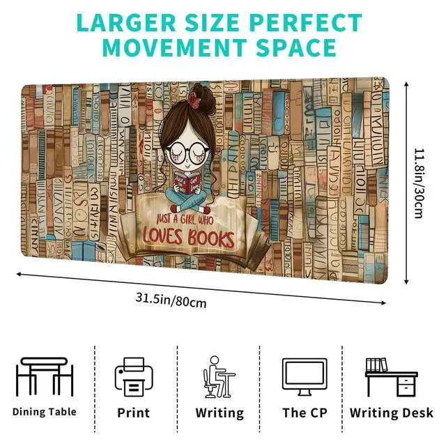 Alt view image 2 of 5 - ainori Just a Girl Who Loves Books Gaming Mouse Pad  12x31.5in Non-Slip Rubber Retro Desk Mat with Book Lovers Design  Large Extended Mousepad for Office Home Laptop  Game Deskmat Gifts Decor