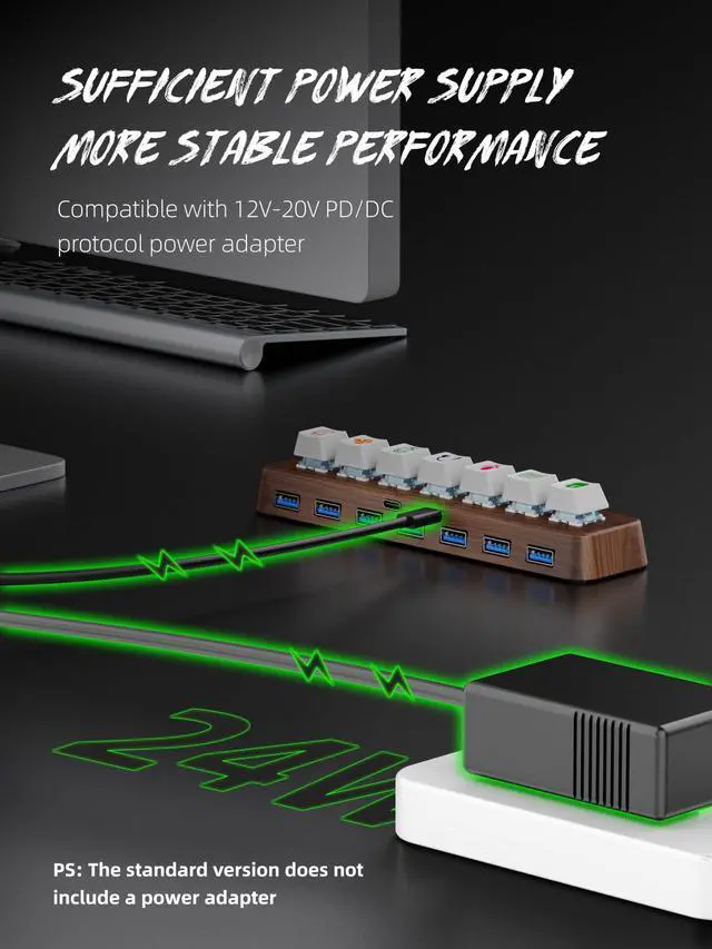 Alt view image 2 of 5 - FEIFANZHE 7-Port USB 3.0 Powered Hub, RGB Lighting, Hot-Swappable Cherry MX Switch Support, 5Gbps Speed, Includes 12V/2A Power Adapter, Walnut Wood Cyberpunk USB Dock-FU0724