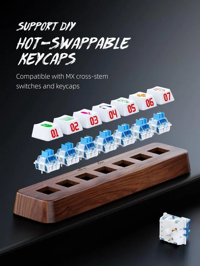 Alt view image 3 of 5 - FEIFANZHE 7-Port USB 3.0 Powered Hub, RGB Lighting, Hot-Swappable Cherry MX Switch Support, 5Gbps Speed, Includes 12V/2A Power Adapter, Walnut Wood Cyberpunk USB Dock-FU0724