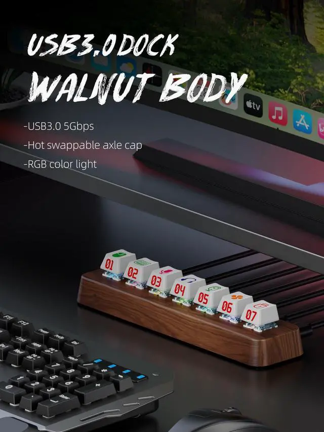 Alt view image 5 of 5 - FEIFANZHE 7-Port USB 3.0 Powered Hub, RGB Lighting, Hot-Swappable Cherry MX Switch Support, 5Gbps Speed, Includes 12V/2A Power Adapter, Walnut Wood Cyberpunk USB Dock-FU0724